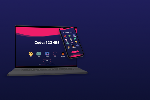 Mobile screen displaying the avatar selection page of Thunk and a laptop device displaying the lobby screen of Thunk.