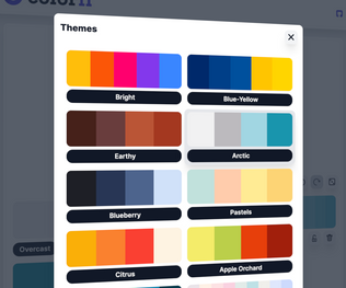 Color themes panel showcasing available color themes on colorfi.